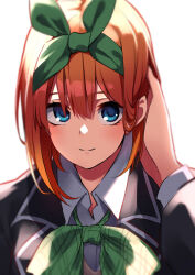  1girl adjusting_hair black_jacket blue_eyes blush bow close-up closed_mouth collared_shirt commentary_request double-parted_bangs eyebrows_hidden_by_hair eyelashes go-toubun_no_hanayome green_bow green_ribbon hair_between_eyes hair_ribbon hand_in_own_hair hand_up highres jacket kagari_liroi long_sleeves looking_at_viewer medium_hair nakano_yotsuba orange_hair plaid_bow ribbon sanpaku school_uniform shirt sidelighting simple_background smile solo straight-on straight_hair tucking_hair upper_body upturned_eyes white_background white_shirt 