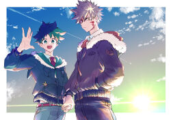  2boys :d adam's_apple all_might alternate_costume aqua_jacket arm_up bakugou_katsuki belt black_pants blonde_hair blood blood_on_face blue_jacket blue_pants blue_pupils blue_sky blush boku_no_hero_academia border breast_pocket bright_pupils cameo character_doll closed_mouth clouds collared_shirt commentary_request contrail doll eyes_visible_through_hair fashion freckles frown fur-trimmed_hood fur_trim furrowed_brow gradient_sky green_eyes green_hair green_sky grey_sky hair_between_eyes hand_in_pocket highres holding_hands hood hood_down hooded_jacket jacket lens_flare long_sleeves looking_at_viewer looking_to_the_side male_focus midoriya_izuku multiple_boys multiple_scars nao_(n_sai_ao) necktie open_hand open_mouth orange_jacket outside_border pants partial_commentary partially_open_jacket partially_unzipped pink_belt pink_necktie pocket puffy_long_sleeves puffy_sleeves red_eyes sanpaku scar scar_on_hand shirt short_hair side-by-side sidelighting sky smile spiky_hair sun sunlight sunrise tsurime two-sided_fabric two-sided_hood two-sided_jacket v-shaped_eyebrows white_border white_shirt wing_collar zipper_pull_tab 