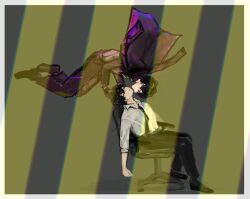  2boys black_hair black_necktie black_pants black_shoes chair collared_shirt commentary_request dress_shirt dual_persona esse_series flying full_body highres hyoutenka_30-do_no_zetsubou kobayashi_luca multiple_boys necktie office_chair pants purple_suit selfcest shirt shoes sitting sleeping suit swivel_chair totsuzen_e white_shirt xx_(esse_series) 