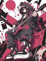  1girl black_hair charm_(object) closed_mouth commentary_request electric_guitar from_below guitar highres holding holding_guitar holding_instrument hood hood_up ink_splatter instrument kigurumi long_sleeves looking_at_viewer multicolored_hair nikoru333 original pink_streaks playing_guitar playing_instrument red_eyes shoes sitting sneakers solo streaked_hair 