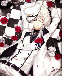  1boy arms_up belt belt_buckle bishounen black_gloves black_necktie black_shirt buckle chain chain_leash collar commentary_request dutch_angle eyepatch flower fujikiri_yana gloves hat highres jacket leash long_sleeves lying male_focus military_hat military_uniform necktie on_back pants petal_in_mouth red_flower red_rose rose shirt solo spiked_collar spikes tile_floor tiles touken_ranbu tsurumaru_kuninaga white_flower white_hair white_jacket white_rose 
