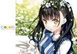  absurdres black_hair blush dress flower highres kantoku long_hair nagisa_(kantoku) original scan yellow_eyes 