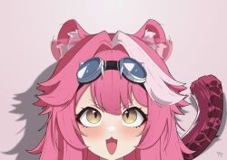  1girl :3 :d absurdres afterimage animal_ear_fluff animal_ears blush brown_eyes commentary ear_wiggle eyeshadow goggles goggles_on_head hair_between_eyes hair_intakes highres hololive hololive_english looking_at_viewer makeup multicolored_hair open_mouth panther_ears panther_girl panther_tail pink_background pink_eyeshadow pink_hair pink_tail portrait raora_panthera sidelocks simple_background single_hair_streak smile solo straight-on streaked_hair tail virtual_youtuber white_streaks yioyiot_art 