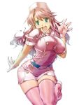  1girl :d belt breasts gloves hat jon_shicchiou large_breasts leaning_forward leg_up long_hair media_(quiz_magic_academy) nurse nurse_cap open_mouth pink_hair pink_legwear pointy_ears quiz_magic_academy simple_background smile solo thigh-highs waving wavy_hair white_background 
