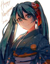  1girl 2026 blue_eyes blue_hair blue_kimono closed_mouth commentary double-parted_bangs floral_print floral_print_kimono flower hair_between_eyes hair_flower hair_ornament hair_ribbon happy_new_year hatsune_miku highres japanese_clothes kimono long_hair looking_at_viewer mkmk_tttu obi print_kimono ribbon sash simple_background smile solo twintails upper_body vocaloid white_background white_sash 