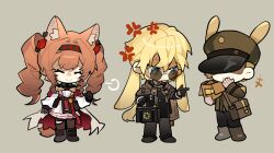  1girl 2boys absurdres angelina_(arknights) angelina_the_mellow_wish_(arknights) animal_ear_fluff animal_ears anniao4 annoyed arknights bag black_boots black_collar black_gloves black_hairband black_jacket black_pants blonde_hair boots box brown_hair chibi chibi_only chinese_commentary closed_mouth collar commentary_request detached_sleeves dress floppy_ears fox_ears fox_girl full_body gloves green_hat green_jacket grey_background hair_between_eyes hairband hat highres holding holding_bag holding_box infection_monitor_(arknights) jacket laughing liaison_(arknights) long_hair long_sleeves looking_at_another lop_rabbit_ears multiple_boys pants peaked_cap puff_of_air rabbit_boy rabbit_ears shaded_face short_hair simple_background smile standing sunglasses sweatdrop twintails white_dress 