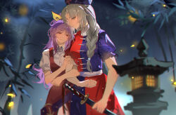  2girls absurdres arm_hug belt blue_dress blue_hat blurry braid breasts chinese_commentary closed_mouth collared_shirt commentary_request commission constellation_print cross cross_print depth_of_field dress grey_hair hair_ribbon hat highres holding holding_sword holding_weapon katana long_hair medium_breasts multiple_girls night nurse_cap outdoors ponytail print_dress print_hat puffy_short_sleeves puffy_sleeves purple_belt purple_hair qin_xin red_cross red_dress red_eyes ribbon second-party_source shirt short_sleeves single_braid single_strap smile stone_lantern sword touhou two-tone_dress watatsuki_no_yorihime weapon white_shirt yagokoro_eirin yellow_eyes yellow_ribbon yuri 