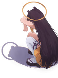  1girl cat_shadow_puppet_(meme) commentary dress english_commentary geta halo hands_up highres hololive hololive_english invisible_floor long_hair malvar meme ninomae_ina'nis orange_dress orange_halo overlighting purple_hair purple_sandals sandals shadow shadow_puppet single_thighhigh sleeveless sleeveless_dress squatting tabi takodachi_(ninomae_ina'nis) thigh-highs thigh_strap very_long_hair virtual_youtuber white_thighhighs 