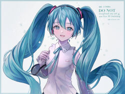  1girl :d absurdres black_sleeves blue_border blue_eyes blue_hair blue_nails blue_ribbon blush border commentary_request detached_sleeves double-parted_bangs hair_between_eyes hand_up hatsune_miku hatsune_miku_(nt) highres kotoha_shiki long_hair long_sleeves looking_at_viewer miku_day nail_polish neck_ribbon open_mouth outside_border ribbon see-through_clothes see-through_sleeves shirt simple_background sleeveless sleeveless_shirt smile solo twintails upper_body very_long_hair vocaloid watermark white_background white_shirt 