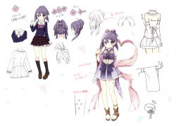 1girl absurdres aika_himena anklet aoki_ume blazer bow bow-shaped_hair bowtie bracelet cropped_kimono dress dual_persona flower_hairclip flower_tattoo frills furisode_sleeves hair_between_eyes hair_ornament highres jacket japanese_clothes jewelry kamihama_future_academy_school_uniform kimono leg_tattoo long_hair long_sleeves looking_at_viewer magia_record:_mahou_shoujo_madoka_magica_gaiden magical_girl mahou_shoujo_madoka_magica miniskirt non-web_source official_art pink_bow pink_shawl plaid_clothes plaid_skirt purple_dress purple_eyes purple_hair purple_kimono reference_sheet ribbon sailor_collar scan school_uniform self-scan shawl shirt short_hair short_kimono sidelocks skirt stirrup_footwear stomach_tattoo tattoo white_background white_shirt wrist_ribbon