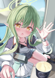  1girl absurdres alternate_costume barefoot blue_archive blue_jacket blue_skirt blurry blurry_background breasts casual clothes_grab color_pro commentary_request grabbing_another's_shirt green_hair green_halo halo hand_up highres hikari_(blue_archive) ice_cream_tub jacket jewelry long_hair looking_at_viewer miniskirt necklace open_mouth pointy_ears shirt short_eyebrows sitting skirt small_breasts train_interior triangle_mouth white_shirt yellow_eyes 