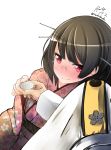  1boy 1girl admiral_(kantai_collection) blush brown_hair choko_(cup) choukai_(kantai_collection) floral_print glasses hair_ornament japanese_clothes kantai_collection kimono nekobaka red_eyes rimless_glasses short_hair smile solo_focus white_background 