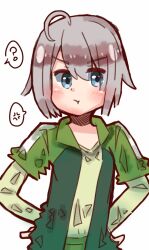  1boy :i ? ahoge anger_vein blue_eyes blush cowboy_shot gradient_background green_jacket green_shirt green_shorts grey_hair hair_between_eyes hands_on_own_hips hariz_hakimi highres jacket layered_sleeves long_sleeves looking_at_viewer male_focus open_clothes open_jacket pout shirt short_hair short_over_long_sleeves short_sleeves shorts sidelocks sketch solo speech_bubble spoken_anger_vein spoken_question_mark standing totsuka_saika track_jacket trap v-shaped_eyebrows white_background yahari_ore_no_seishun_lovecome_wa_machigatteiru. 