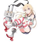  1girl :3 :o blonde_hair blue_skirt drink elbow_gloves gloves hairband haseneko kantai_collection long_hair looking_at_viewer rensouhou-chan shimakaze_(kantai_collection) simple_background skirt striped striped_legwear thigh-highs violet_eyes white_background 