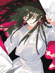  1boy :d black_background black_hair cloak constantine_xi_(fate) constantine_xi_(third_ascension)_(fate) earrings facing_viewer fate/grand_order fate_(series) floating_clothes floating_hair glint hair_between_eyes highres holding holding_cloak holding_unworn_clothes jewelry kitada long_hair long_sleeves male_focus red_cloak simple_background smile solo tunic twitter_username two-sided_cloak two-sided_fabric upper_body white_cloak white_tunic wind 