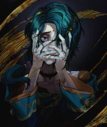  1boy 643_tokotoko bags_under_eyes choker collarbone eyeshadow furrowed_brow green_hair hair_over_one_eye hands_on_own_face highres hwei_(league) league_of_legends long_sleeves looking_at_viewer makeup male_focus ponytail smile solo violet_eyes wide-eyed 
