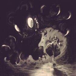  1girl blood blurry child claws clenched_hands collarbone commentary_request crying crying_with_eyes_open dark depth_of_field dress full_body glowing glowing_eyes highres horror_(theme) jun_(navigavi) long_hair looking_at_another looking_back monochrome monster nosebleed open_mouth original reaching reaching_towards_another running shirt shoes short_sleeves skirt socks tears teeth tongue tongue_out twintails variant_set 