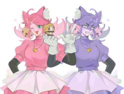  2girls anger_vein animal_ear_fluff animal_ears bell black_eyes cat_ears cat_girl clenched_teeth commentary deltarune dress fang ghost_pink_(deltarune) gloves green_eyes hair_bell hair_ornament hand_on_own_hip heart heart_necklace highres jewelry lui_j2wa mad_mew_mew middle_finger multiple_girls necklace pink_dress purple_dress teeth thick_eyebrows untranslatable_commentary utdr_(toby_fox) w white_gloves 