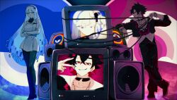  1boy 1girl absurdres akaika_(aka) black_hair black_pants black_shirt black_undershirt blue_eyes blue_hair cable coat crossed_arms fairy_(zenless_zone_zero) full_body highres holding holding_cable jewelry long_hair looking_at_another multicolored_hair necklace pants personification red_eyes red_hair shirt smile speaker television white_coat white_hair youkai_(zenless_zone_zero) zenless_zone_zero 