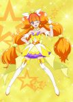  1girl ;d amanogawa_kirara bare_shoulders boots brown_hair choker cure_twinkle full_body gloves go!_princess_precure hand_on_hip highres long_hair magical_girl moritakusan one_eye_closed open_mouth precure smile solo star starry_background thigh-highs thigh_boots twintails violet_eyes white_gloves white_legwear yellow_background 