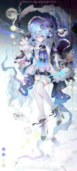  1girl absurdres animal_ears black_bow black_gloves black_ribbon blue_gem blue_hair book book_stack boots bow card castle closed_mouth color_guide commission constellation constellation_print crossed_bangs crown crown_hair_ornament double_bun dress dress_bow eyelashes facial_mark frilled_sleeves frills full_body full_moon gem glasses gloves hair_between_eyes hair_bun hair_intakes hair_ornament headdress highres holding holding_removed_eyewear layered_sleeves long_sleeves looking_at_viewer makeup marking_on_cheek medium_hair mihuashi_commission mini_crown mole mole_under_eye moon moon_phases moriyama_meiko original purple_bow ribbon rouge_(makeup) round_eyewear sheep sheep_ears sheep_girl shorts sidelocks smile solo striped_clothes striped_thighhighs thigh-highs unworn_eyewear vertical-striped_clothes vertical-striped_thighhighs watermark white_thighhighs 