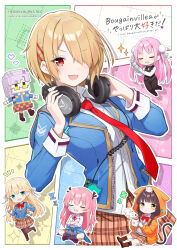  6+girls :3 :d absurdres aikawa_megumi animal_hood animal_on_head asakura_karen_(heaven_burns_red) black_bow black_bowtie black_hair black_ribbon black_shoes black_socks blonde_hair blue_jacket blunt_bangs blush boots bow bowtie braid brown_boots brown_pantyhose brown_shoes brown_skirt bun_cover cat cat_hood cat_on_head cat_tail chibi chibi_inset closed_eyes closed_mouth collared_shirt comiket_108 commentary_request copyright_name cowboy_shot cup double_bun doyagao dress_shirt dutch_angle english_text frilled_skirt frills full_body grey_hair hair_bun hair_ornament hair_over_one_eye hair_ribbon hairclip half_up_braid hands_up headphones headphones_around_neck heart heaven_burns_red highres holding holding_cup hood hood_up hooded_jacket indian_style izumi_yuki jacket kayamori_ruka kneehighs kunimi_tama long_bangs long_hair looking_at_viewer low_twintails miniskirt multiple_girls neck_ribbon necktie nose_bubble notice_lines on_head one_eye_covered open_clothes open_jacket open_mouth orange_jacket outline outstretched_legs pantyhose parallel_hairclips pink_hair pixel_heart plaid_clothes plaid_skirt pleated_skirt red_bow red_bowtie red_eyes red_necktie red_ribbon ribbon rinki_oohen shirt shoes short_hair simple_background sitting skirt sleeping smile smug socks split_mouth standing standing_on_one_leg steam striped_clothes striped_pantyhose tail team_31a_(heaven_burns_red) tojo_tsukasa twintails two_side_up u_u vertical-striped_clothes vertical-striped_pantyhose very_long_hair white_outline white_ribbon white_shirt yellow_eyes zzz 