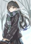  1girl bag black_hair blue_eyes long_hair long_sleeves looking_at_viewer original plaid plaid_skirt ran&#039;ou_(tamago_no_kimi) scarf school_bag school_uniform sketch skirt solo winter 