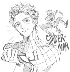  1boy animal_print blush bodysuit character_logo character_name dynamic_pose english_text full_body highres holding holding_mask marvel mask monochrome peter_parker portrait print_bodysuit short_hair simple_background smile spider-man spider-man_(series) spider_print spider_web_print superhero_costume uwang922 white_background 