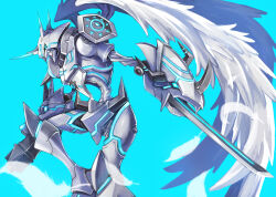  blue_eyes closed_mouth digimon digimon_(creature) feathers horns madarame no_humans omegamon omegamon_merciful_mode simple_background single_horn solo sword weapon white_wings wings 