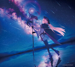  1girl album_cover artoria_caster_(fate) artoria_caster_(second_ascension)_(fate) artoria_pendragon_(fate) belt beret black_pantyhose black_ribbon blonde_hair blue_belt blue_cloak boots bow cloak commentary_request cover fate/grand_order fate_(series) green_eyes hat highres holding holding_staff long_hair long_sleeves official_art pantyhose purple_boots purple_bow ribbon second-party_source shirt skirt staff sword takeuchi_takashi weapon white_shirt white_skirt 