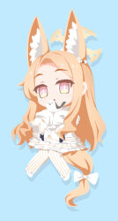  1girl animal animal_ear_fluff animal_ears bird blonde_hair blue_archive blue_background chibi full_body halo holding holding_animal holding_bird long_hair needle_(574187457) seia_(blue_archive) simple_background sleeves_past_fingers sleeves_past_wrists solo very_long_hair 