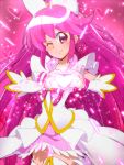  1girl aino_megumi arm_warmers bow cure_lovely forever_lovely hair_bow happinesscharge_precure! heart heart_hands long_hair magical_girl one_eye_closed pink_background pink_eyes pink_hair precure skirt smile solo sparkle thigh-highs tj-type1 
