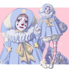  asymmetrical_legwear blue_dress checkered_clothes clown clown_makeup dress frilled_dress frilled_sleeves frills gloves hat highres jeilyfishing jester_cap leggings makeup neck_ruff original shoes simple_background star_(symbol) striped_clothes white_gloves white_shoes 