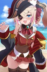  1girl :3 absurdres animal_ear_fluff animal_ears ascot beach bicorne blonde_hair blue_eyes blue_gem blush breasts choker claw_pose commentary_request cosplay covered_navel cropped_jacket dog_ears dog_girl eyepatch fang frilled_choker frills gem hair_intakes hat highres hololive hololive_english houshou_marine houshou_marine_(1st_costume) houshou_marine_(cosplay) jacket leather_belt leotard leotard_under_clothes looking_at_viewer mococo_abyssgard multicolored_hair navel open_mouth pink_hair pirate_costume pirate_hat red_ascot red_jacket ribbon see-through_cleavage see-through_clothes see-through_leotard skirt sleeveless sleeveless_jacket small_breasts solo streaked_hair tatsu_(tattti2022) thigh-highs virtual_youtuber zettai_ryouiki 