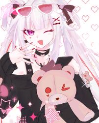  1girl :d ;d amanume black_shirt blunt_bangs braid butterfly-shaped_pupils commentary eyewear_on_head facial_mark hair_ornament hair_ribbon hand_to_own_mouth heart heart_background heart_facial_mark highres holding holding_stuffed_toy honkai:_star_rail honkai_(series) jewelry long_sidelocks long_sleeves looking_at_viewer multicolored_hair multiple_rings official_alternate_costume official_alternate_hairstyle one_eye_closed open_mouth pink_eyes red_nails red_streaks ribbon ring shirt sidelocks simple_background single_bare_shoulder smile solo sparkle sparkle_(honkai:_star_rail) sparxie_(candy-coated_waves)_(honkai:_star_rail) sparxie_(honkai:_star_rail) star_(symbol) streaked_hair stuffed_animal stuffed_toy sunglasses symbol-shaped_pupils teddy_bear twintails twitter_username two_side_up upper_body white_hair x_hair_ornament 