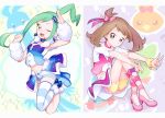  2girls altaria arm_warmers asymmetrical_hair blue_eyes bow brown_hair choker double_v earrings full_body fur_collar green_eyes hair_bow hair_ornament hair_ribbon hairclip haruka_(pokemon) haruka_(pokemon)_(remake) high_heels idol jewelry kurochiroko long_hair looking_at_viewer lucia_(pokemon) midriff mudkip multiple_girls navel open_mouth payot pokemon pokemon_(creature) pokemon_(game) pokemon_oras ponytail ribbon salute short_sleeves shorts showgirl_skirt single_thighhigh sitting smile sparkle thigh-highs torchic treecko two_side_up v winking 