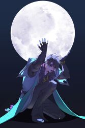  1boy absurdres aphelios_(league) black_eyes black_gloves black_hair bracelet closed_mouth coat facial_mark gloves gradient_background highres holding jewelry jjolee league_of_legends male_focus moon on_one_knee pale_skin purple_lips short_hair simple_background 