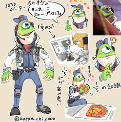  2boys ? absurdres belt_pouch blue_eyes blue_jumpsuit commentary_request cyclops eating finger_wagging food fox_boy fox_mccloud frog_boy full_body hat headset highres jacket jumpsuit katamichi_miharu long_sleeves multiple_boys multiple_views one-eyed pizza pouch reference_inset slippy_toad standing star_fox star_fox_(2026) translation_request twitter_username webbed_hands white_jacket 