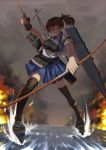  1girl absurdres archery arrow bow_(weapon) breasts brown_hair fingerless_gloves fire gloves highres kaga_(kantai_collection) kantai_collection muneate ponytail scowl single_glove skirt smoke solo thigh-highs weapon 
