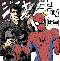  2boys animal_print black_hair black_shirt bodysuit bulletproof_vest character_logo commentary_request cowboy_shot furrowed_brow gun holding holding_gun holding_weapon long_sleeves marvel multicolored_bodysuit multiple_boys peter_parker print_bodysuit shirt shrugging simple_background skull_print spider-man spider-man:_brand_new_day spider-man_(original_suit) spider-man_(series) spider_print spider_web_print superhero_costume the_punisher_(character) twitter_username two-tone_bodysuit u-ka_(fukei) weapon white_background 