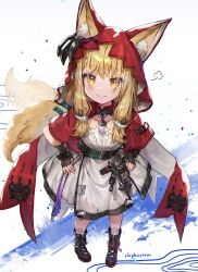  1girl animal_ear_fluff animal_ears arknights arknights:_endfield black_boots black_gloves blonde_hair blush boots cape collarbone commentary diamond-shaped_pupils diamond_(shape) dress elbow_gloves eyes_visible_through_hair fingerless_gloves full_body gloves hands_on_own_hips highres hood hood_up hooded_cape knee_boots kneehighs light_particles medium_hair ninjinshiru puff_of_air red_cape rossi_(arknights) socks solo standing symbol-shaped_pupils tail two-sided_cape two-sided_fabric untranslatable_commentary white_background white_cape white_dress white_socks yellow_eyes yellow_tail 