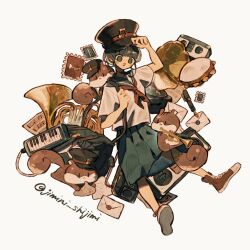 adjusting_clothes adjusting_headwear ahoge_girl_(jimini_shijimi) artist_name bag blunt_bangs blush cassette_player commentary_request converse drum envelope hat horns instagram_username instrument jimini_shijimi looking_at_viewer musical_note neckerchief no_pupils open_mouth original pen phonograph piano pleated_skirt postage_stamp radio red_neckerchief red_shoes sailor_collar school_uniform serafuku sheet_music shirt shoes short_hair short_sleeves shoulder_bag sidelocks single_horn skeb_username skirt solo squirrel trumpet twitter_username white_shirt 