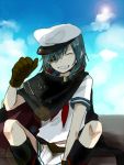  1girl cape closed_eyes eyepatch gloves grin hat kantai_collection kiso_(kantai_collection) lens_flare sarukomea sitting sky smile 