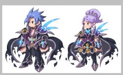  1boy 1girl armor arms_at_sides artist_request asgard black_choker black_cloak black_eyes black_pants black_shoes blue_gem butterfly_ornament character_request choker clenched_hands cloak full_body gem hair_slicked_back high_ponytail impossible_hair light_blush light_frown long_hair looking_to_the_side nexon official_art pants pauldrons ponytail production_art purple_armor second-party_source shoes short_hair shoulder_armor sidelocks sideways_glance smile spiky_hair standing swept_bangs v-shaped_eyebrows 