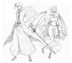  1boy 1girl absurdres alternate_hair_length_(longer) bankai bleach bleach:_brave_souls broken_mask demon_horns dragon_girl dragon_horns dragon_tail dragon_wings dress full_body fur-trimmed_collar fur_trim hair_between_eyes hakama highres holding holding_sword holding_weapon hole_in_chest hole_on_body horns inoue_orihime japanese_clothes juliet_sleeves kurosaki_ichigo long_sleeves mask monochrome obi puffy_sleeves rakusakugk sash sword tail tensa_zangetsu_(bankai) waraji weapon wings zanpakutou 