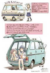  3girls bag barefoot bird black_eyes black_hair black_socks blue_bag blue_car blue_sailor_collar blue_skirt brown_bird brown_hair brown_shoes car closed_mouth cup dated disposable_coffee_cup disposable_cup drink_carton drinking_straw feet_up hair_ornament hairclip hand_on_own_hip highres holding holding_drink_carton holding_juice_box juice_box loafers looking_at_another lying motor_vehicle multiple_girls neckerchief on_stomach open_mouth radio_antenna sailor_collar saitama_360_club school_uniform sekihan serafuku shirt shoes signature sitting skirt smile socks suzuki_(company) suzuki_carry teeth translation_request unworn_shoes upper_teeth_only van vehicle_focus vehicle_name white_car white_shirt yellow_neckerchief 