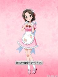  1girl apron bare_arms blush bow bowtie breasts brown_eyes brown_hair character_name collarbone dress floral_print_apron flower four-finger_heart_hands frilled_apron frilled_dress frills full_body girls_und_panzer girls_und_panzer_senshadou_daisakusen! gradient_background head_tilt heart heart_hands knees_together_feet_apart large_bow legs loafers looking_at_viewer maid_headdress official_art parted_hair pink_background pink_dress pink_flower pink_shoes plaid_bow plaid_bowtie plaid_clothes puffy_short_sleeves puffy_sleeves red_bow red_bowtie red_ribbon ribbon sailor_collar sash sawa_azusa shoes short_dress short_hair short_sleeves smile socks standing thighs translated white_apron white_bow white_sailor_collar white_sash white_socks 