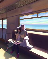  2girls absurdres black_hair black_pants black_shirt blue_sandals chang_chin-lan closed_eyes closed_mouth commentary darkonyx09 dress english_commentary grey_leggings gujyo_kanade hat heads_together highres jacket kamiina_botan_yoeru_sugata_wa_yuri_no_hana leggings long_hair multiple_girls off_shoulder pants pinafore_dress purple_hair purple_hat purple_jacket purple_shoes sandals shirt shoes short_hair sleeping sleeveless sleeveless_dress sleeveless_shirt toes white_dress white_shirt yuri 