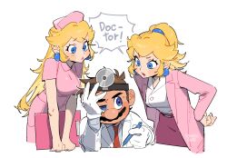  1boy 2girls artist_name blonde_hair blue_eyes blush_stickers breasts brown_hair clipboard coat commentary_request dr._mario dr._mario_(game) dr._peach dual_persona earrings english_text facial_hair gloves hand_on_own_face hand_on_own_hip hat head_mirror high_ponytail highres holding holding_clipboard holding_pen jewelry korean_commentary lab_coat leaning_forward long_hair mario multiple_girls mustache necktie nurse_cap nurse_peach pen pink_coat pink_lips pink_skirt ponytail princess_peach red_necktie short_hair simple_background skirt small_sweatdrop speech_bubble sphere_earrings ssuregigame super_mario_bros. uneven_eyes very_long_hair white_background white_gloves 