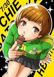  1girl badge brown_eyes brown_hair button_badge commentary_request food green_jacket happy_birthday highres holding holding_skewer houndstooth jacket meat persona persona_4 satonaka_chie school_uniform short_hair sitting skewer skirt track_jacket yasogami_school_uniform yuu_(skipyu) 